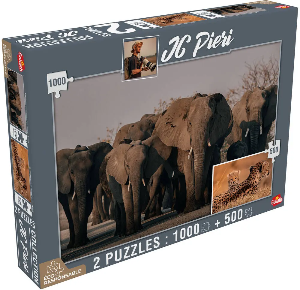 2 PUZZLES 1000 PIECES ET 500 PIECES ELEPHANTS NAMIBIE ET LIONCEAUX TANZANIE - COLLECTION JC PIERI 