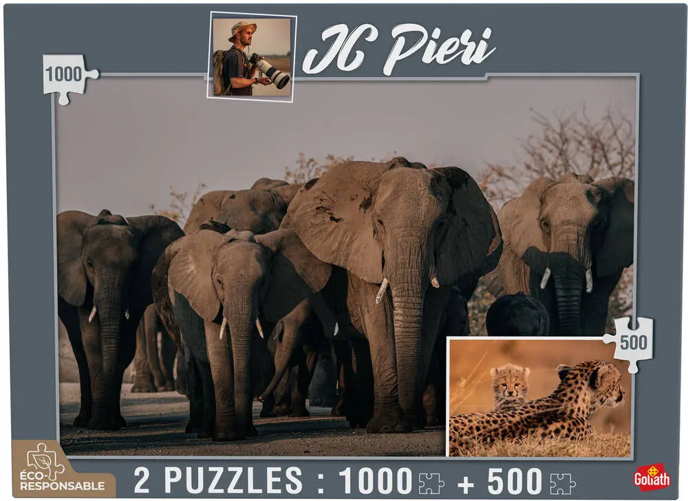 2 PUZZLES 1000 PIECES ET 500 PIECES ELEPHANTS NAMIBIE ET LIONCEAUX TANZANIE - COLLECTION JC PIERI