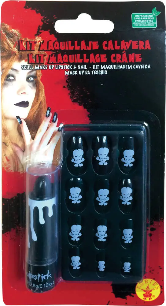 KIT DE MAQUILLAGE HALLOWEEN -  ROUGE Ã LÃVRE ET FAUX ONGLES TÃTE DE MORT