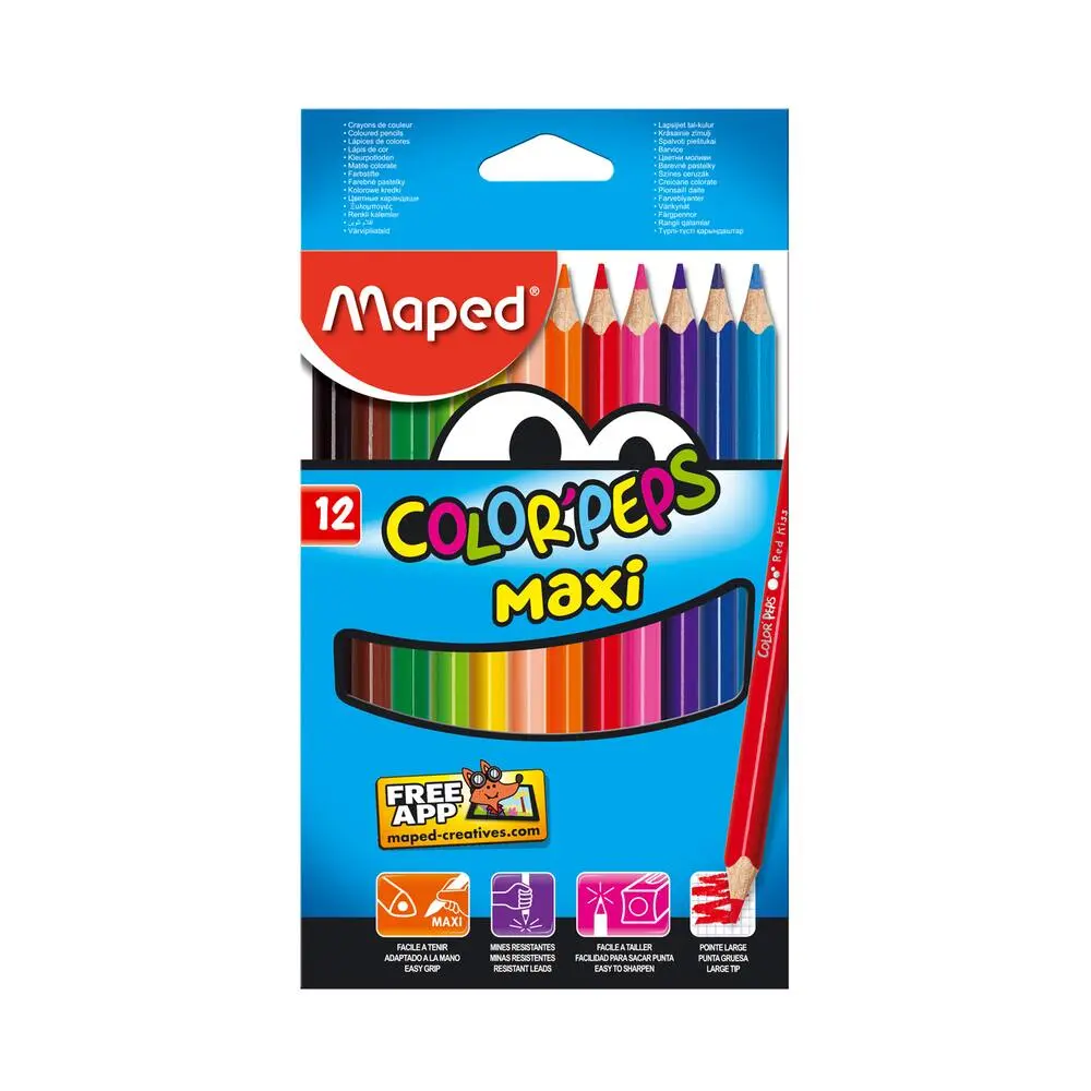 12 CRAYONS DE COULEUR MAXI COLOR PEPS EN POCHETTE CARTON