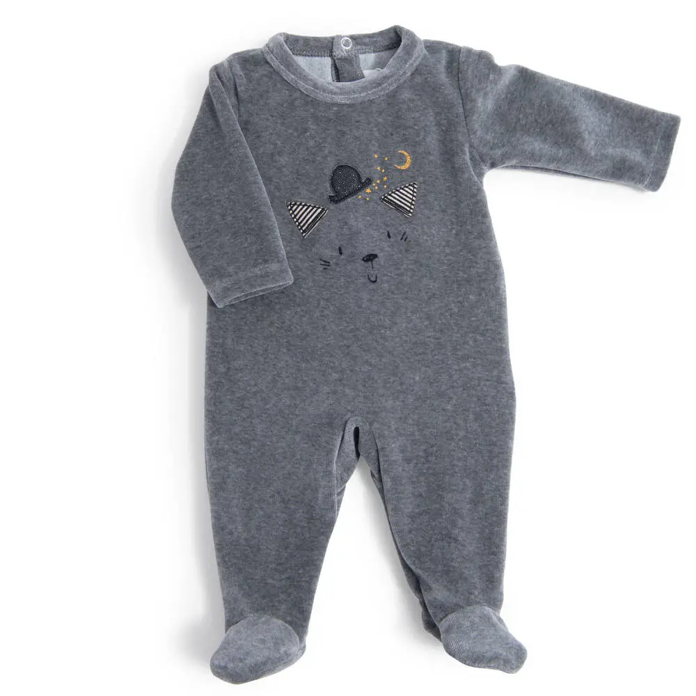 PYJAMA 6M VELOURS GRIS CHINE TETE CHAT LES MOUSTACHES
