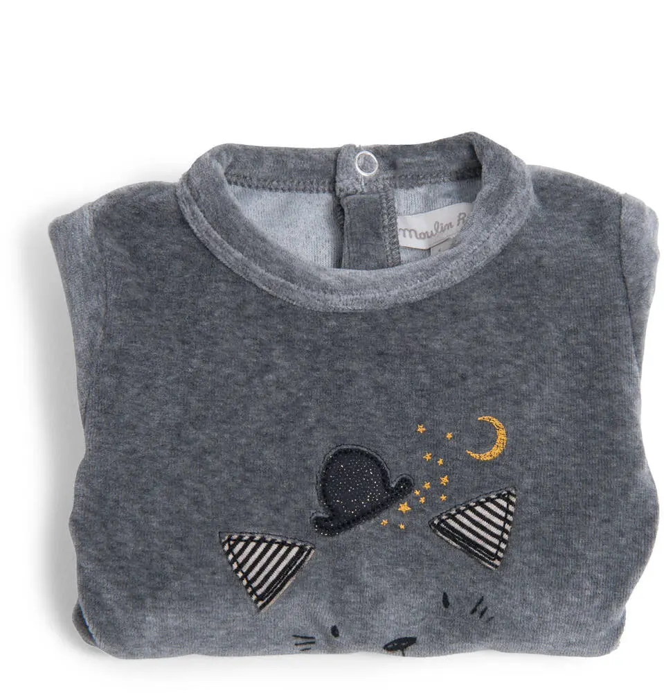 PYJAMA 6M VELOURS GRIS CHINE TETE CHAT LES MOUSTACHES