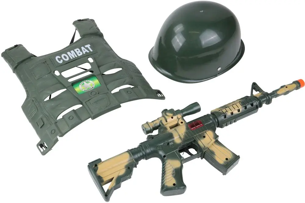 SET SOLDAT AVEC MITRAILLETTE - CASQUE- GILET PARE-BALLES